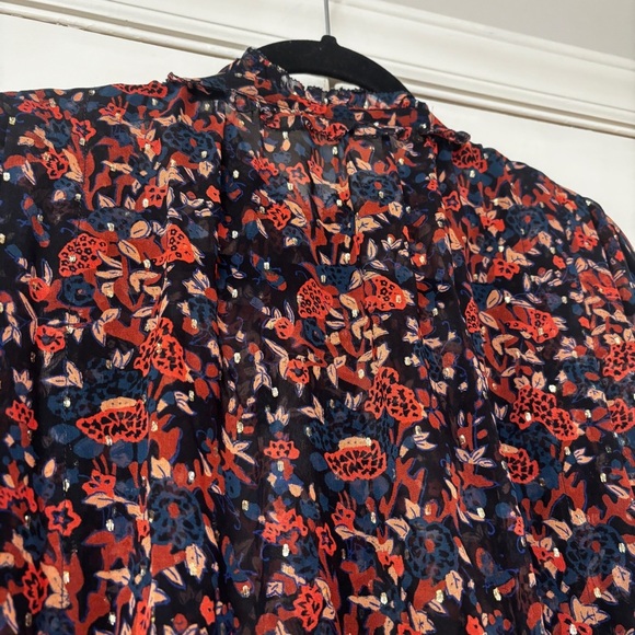 Ulla Johnson Silk Floral Long Sleeve Metallic Edith Blouse Size 2 Small Navy Top - Picture 12 of 16